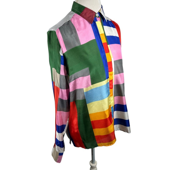 Bogner Color Block Button Blouse Horse Equestrian Back Silk Size US 12 EU 42 - Picture 9 of 13